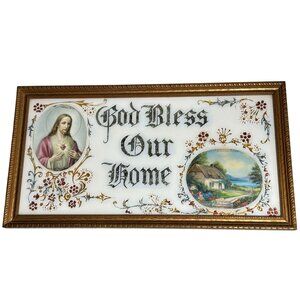 Reverse Foil Art Glass Framed Religious Bless Our House Sacred Heart of Jesus